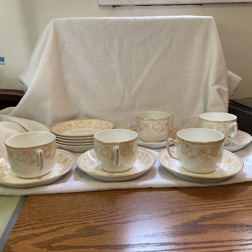 Antique 5 Cup 10 Saucers John Maddock Sons England Royal Vitreous Waldorf 1880s